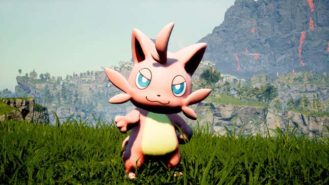 A Palworld Pal extends in right arm while standing in a grassy field with mountain behind them.