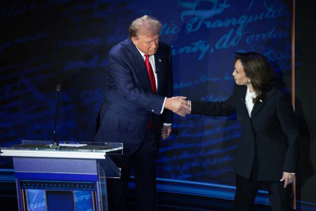 epublican presidential nominee, former U.S. President Donald Trump and Democratic presidential nominee, U.S. Vice President Kamala Harris greet as they debate for the first time during the presidential election campaign at The National Constitution Center on September 10, 2024 in Philadelphia, Pennsylvania. After earning the Democratic Party nomination following President Joe Biden's decision to leave the race, Harris faced off with Trump in what may be the only debate of the 2024 race for the White House.