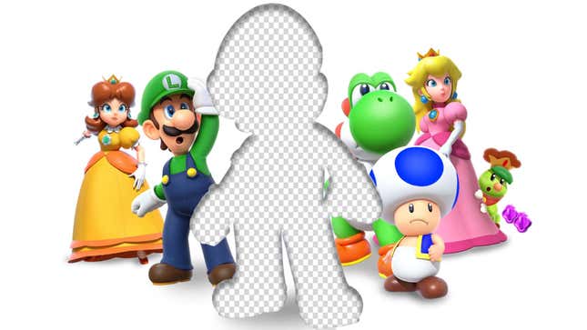 The supporting cast from Super Mario Bros. Wonder looking into the distance while a Photoshopped outline of Mario is in the center of them.