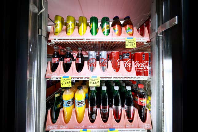 Different soft drinks including Coca-Cola are displayed in a store in Mexico City, Mexico.