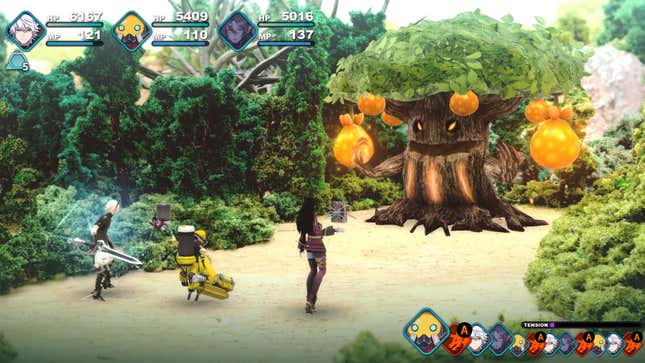 Characters battle against a tree monster.