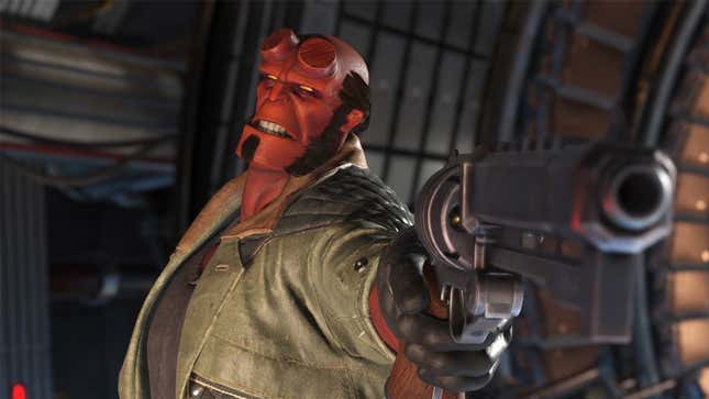 Hellboy aims his trusty gun, Good Samaritan, at an unseen foe in one of his Injustice 2 intro scenes.