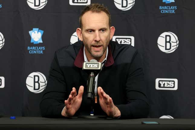 Nov 9, 2022; Brooklyn, New York, USA; Brooklyn Nets general manager Sean Marks speaks during a press conference before a game against the New York Knicks at Barclays Center.