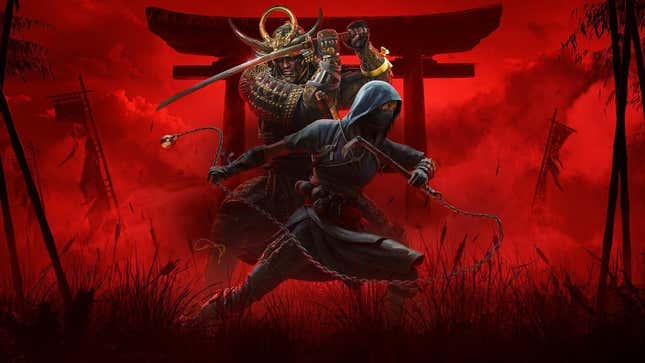 A ninja and samurai stand in front of a red background. 