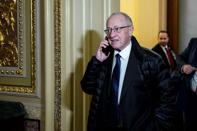 WASHINGTON, DC - JANUARY 27: Attorney Alan Dershowitz, a member of President Donald Trump’s legal team, leaves the Senate chamber at the end of the day’s Senate impeachment trial proceedings at the U.S. Capitol January 27, 2020 in Washington, DC. The defense team continued its arguments on day six of the Senate impeachment trial against President Donald Trump. (