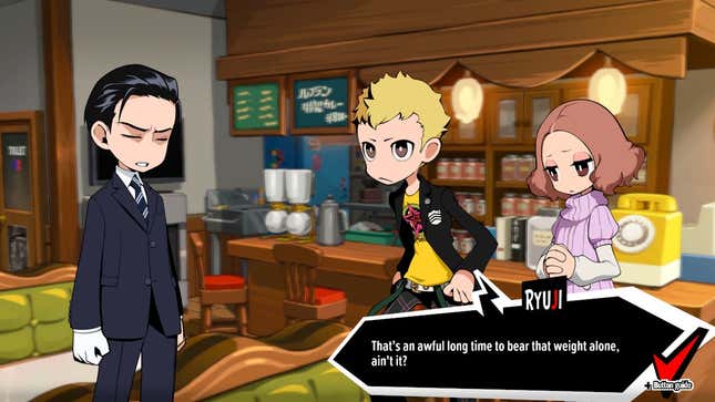 Ryuji, Haru e Toshiro parlano, con Ryuji che dice "È un tempo terribilmente lungo per sopportare quel peso da solo, non è vero?"