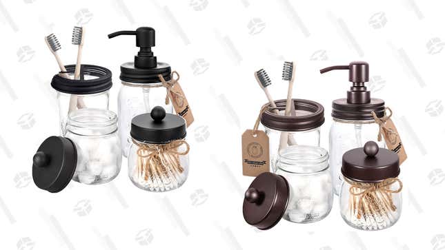 Aozita Mason Jar Bathroom Accessories Set, Bronze | $20 | Amazon
Aozita Mason Jar Bathroom Accessories Set, Black | $21 | Amazon