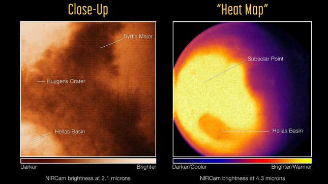 The Webb Space Telescope caught Mars in two different wavelengths using the Near-Infrared Camera.