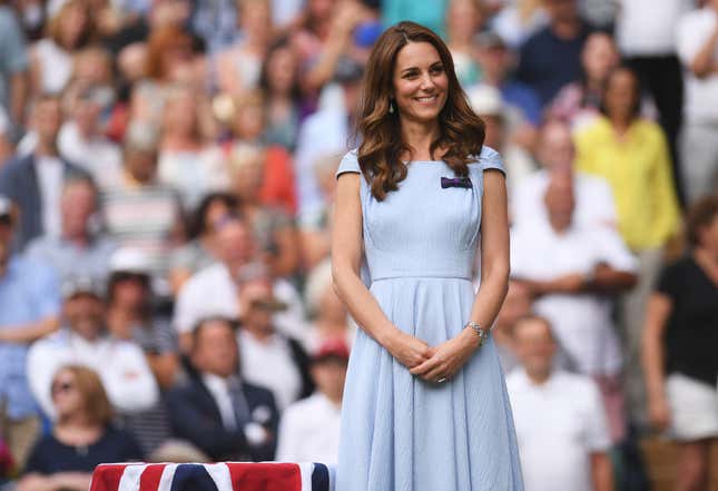 Britain&#39;s Kate, Duchess of Cambridge stands on centre court during the trophy presentation after Serbia&#39;s Novak Djokovic defeated Switzerland&#39;s Roger Federer during the men&#39;s singles final match of the Wimbledon Tennis Championships in London, Sunday, July 14, 2019. (Laurence Griffiths/Pool Photo via AP, File)