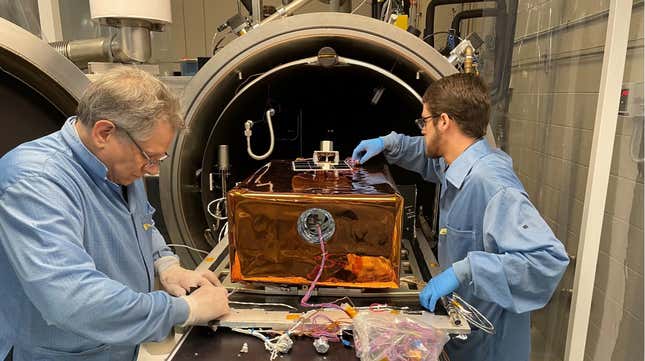The LEMS Engineering Unit is placed into a thermal vacuum chamber for testing.