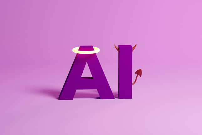 Conceptual image of an Artificial intelligence symbol in purple with the A dressed in a glowing angel halo and and the I dressed with devils horns and tail, could symbolize ideas around AGI and AI and how they can be used for good and bad