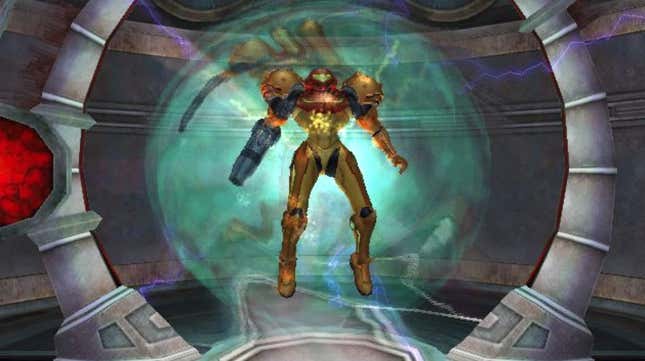 Samus floats in a sci-fi rift. 