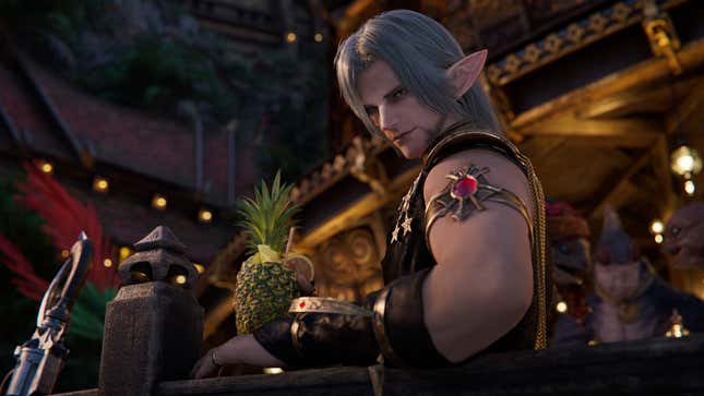 A screenshot of Urianger from Final Fantasy XIV enjoying a summery drink housed in a pineapple.