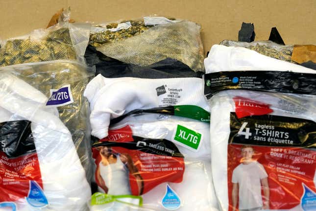 Marijuana hidden in underwear packaging is shown at the U.S. Customs and Border Protection overseas mail inspection facility at Chicago&#39;s O&#39;Hare International Airport Feb. 23, 2024, in Chicago. The explosive growth of cross-border e-commerce involving major China-backed players such as Shein and Temu has caught the attention of the U.S. lawmakers amid a bitter U.S.-China trade war and cast a spotlight on a tax rule that critics say has allowed hundreds of millions of China-originated packages to enter the U.S. market each year without duty and without reliable information for lawfulness. (AP Photo/Charles Rex Arbogast)