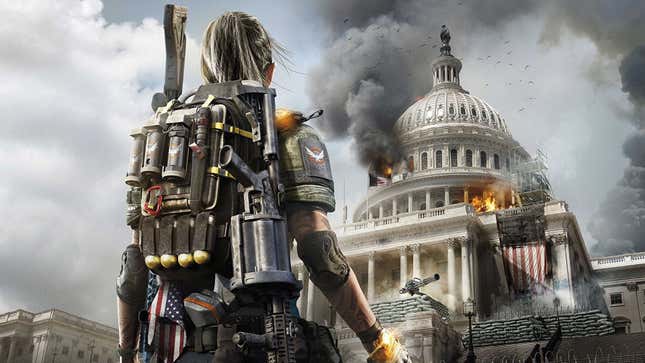 A woman carrying a grenade launcher looks at the US Capitol Building burning. 