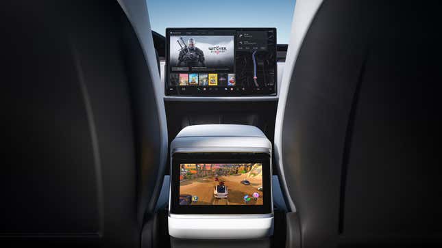 A photo of the screens inside a Tesla car. 