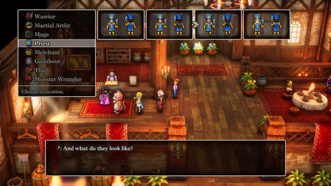 A screenshot from Dragon Quest III HD-2D Remake. A menu displays the Priest character class, which is seen wearing yellow boots and gloves and a blue cloak and hat.