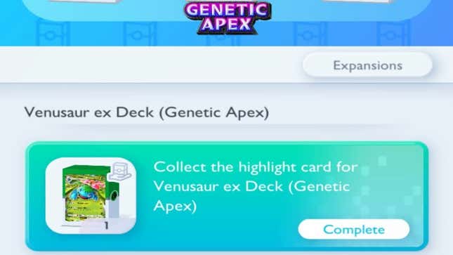 A screenshot shows the Deck tab for the Missions screen, with a Venusaur ex Rental Deck waiting to be claimed.