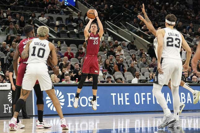 Nov 12, 2023; San Antonio, Texas, USA; Miami Heat guard Duncan Robinson (55) shoots during the second half against the San Antonio Spurs at Frost Bank Center.