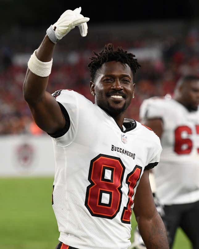 Antonio Brown #81 of the Tampa Bay Buccaneers reacts during the second quarter against the Cincinnati Bengals during a preseason game at Raymond James Stadium on August 14, 2021 in Tampa, Florida.