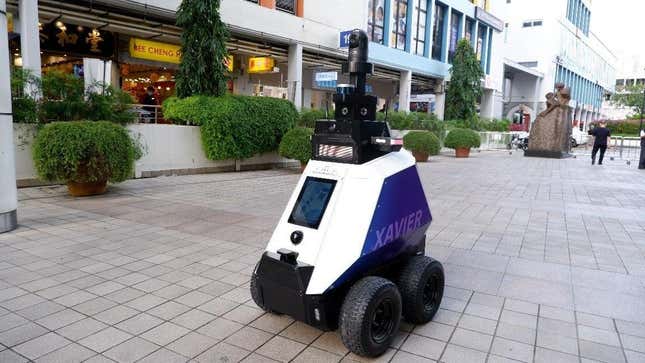 One of the two "Xavier" robots slated to patrol parks in Singapore, looking for smokers, motorcyclists on sidewalks, and people congregating in violation of pandemic rules.