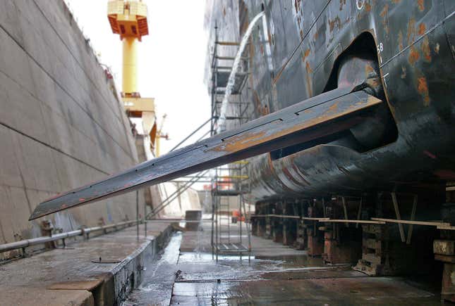 The fin stabilizer on the German research vessel Polarstern as it sits in dry dock.