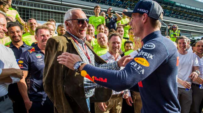 Dietrich Mateschitz and Max Verstappen of Red Bull Racing in 2018.