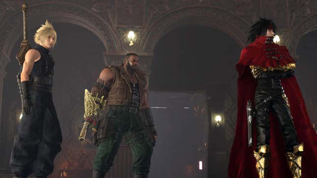 Cloud, Barret, and Vincent Valentine stand in a mansion.