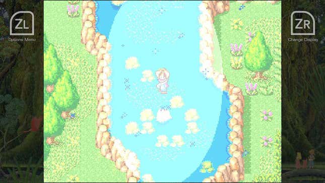 A character floats above a lake.