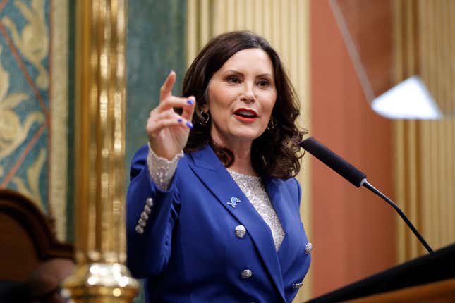 FILE - Michigan Gov. Gretchen Whitmer delivers her State of the State address to a joint session of the House and Senate, Wednesday, Jan. 24, 2024, at the state Capitol in Lansing, Mich. Whitmer on Wednesday, Feb. 7, 2024, presented a $80.7 billion budget Wednesday that aims to boost education spending and deliver on her promise to provide students free education from preschool through community college. (AP Photo/Al Goldis, File)