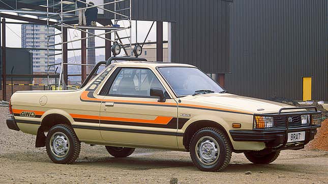 A beige Subaru Brat yute. 