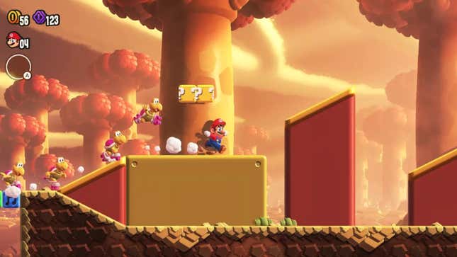 Mario runs away from rollerblading enemies.