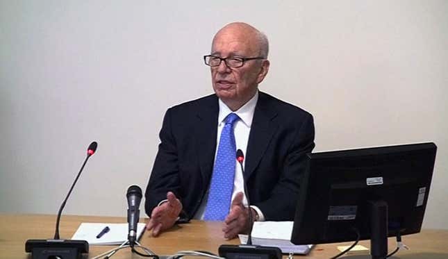 FILE - In this video taken from image, News Corp. executive chairman Rupert Murdoch resumes his testimony before Britain&#39;s media ethics committee in London, Thursday April 26, 2012. Murdoch stirs mixed feelings in Britain, where he transformed the media over half a century. U.K. journalists and politicians are both hailing and reviling the 92-year-old mogul after he announced he was stepping down as leader of his media empire. (AP Photo/Pool via AP video, File)