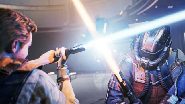 A screenshot of Cal Kestis and another character clashing lightsabers in Star Wars Jedi: Survivor