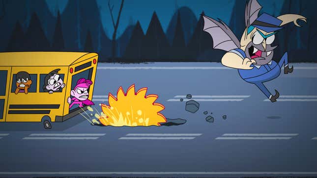 A screenshot shows an large flying vampire attacking a school bus. 