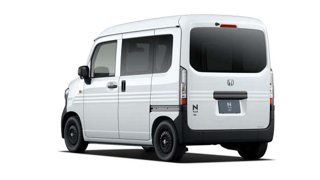 Rear 3/4 view of a white Honda N-Van e: