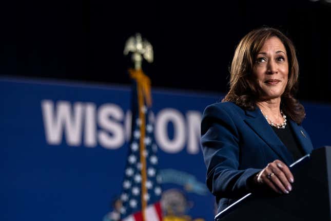  Democratic presidential candidate, U.S. Vice President Kamala Harris speaks to supporters during a campaign rally at West Allis Central High School on July 23, 2024 in West Allis, Wisconsin.