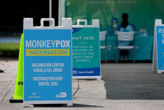 A monkey vaccination sign is installed in Tropical Park by Miami-Dade County and Nomi Health on August 15, 2022.