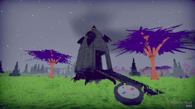 The landing shuttle, next to some purple trees.