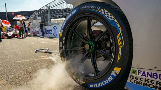 A photo of a smoking brake duct on a Formula E car in New York. 