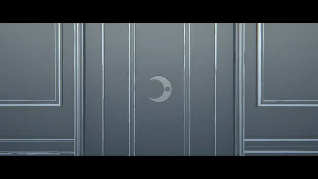A screenshot of Blue Prince. A door with a crescent moon is shown on the screen.