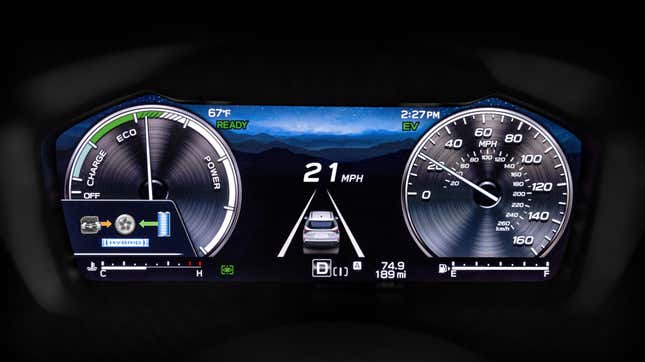 a detail shot of the forester hybrid's digital gauges