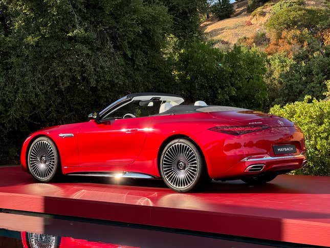 Rear 3/4 view of a red Mercedes-Maybach SL680 Monogram Series