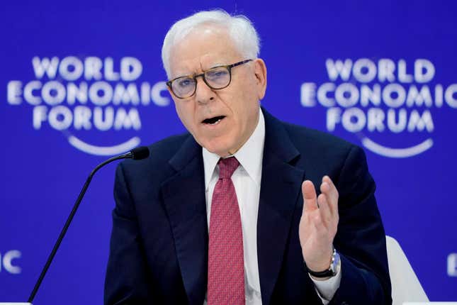 FILE - Co-founder and co-chairman of the private equity firm The Carlyle Group David Rubenstein speaks in the panel &quot;The Global Economic Outlook&quot; on the last day of the forum&#39;s Annual Meeting in Davos, Switzerland, Jan. 19, 2024. Rubenstein has reached an agreement to buy the Baltimore Orioles for $1.725 billion, according to a person with knowledge of the deal Tuesday, Jan. 30. (AP Photo/Markus Schreiber, File)