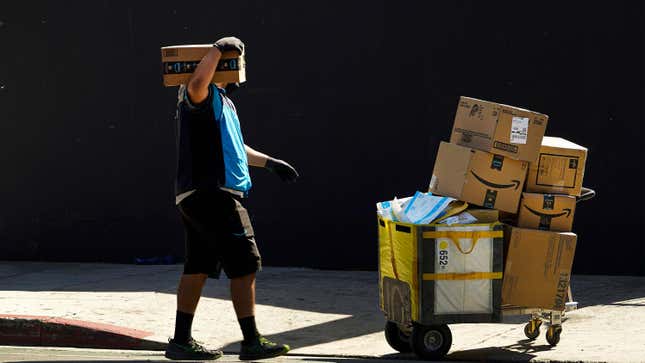 An Amazon delivery worker wearing a mask and gloves in downtown Los Angeles in October 2020.