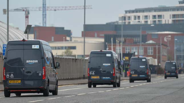 Amazon Prime vans in Belfast, Ireland, in April 2021.