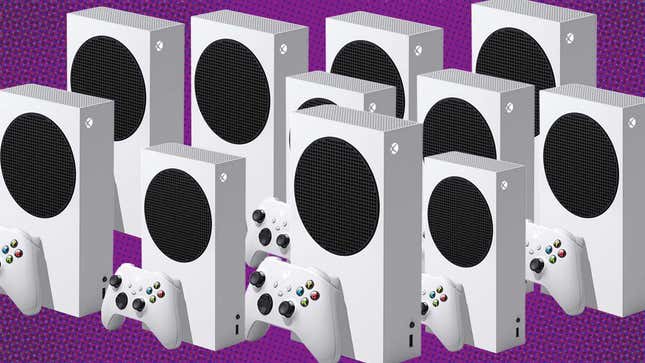 An image shows 11 Xbox consoles. 