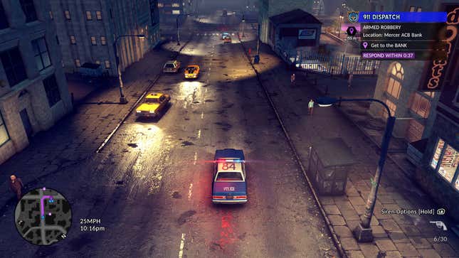 A police cruiser responding to a robbery in progress in The Precinct.
