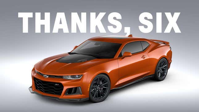 An orange Camaro with the words, "thanks, six" above