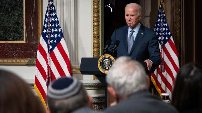 U.S. President Joe Biden speaks during a roundtable with Jewish community leaders in the Indian Treaty Room of the Eisenhower Executive Office Building October 11, 2023 in Washington, DC.